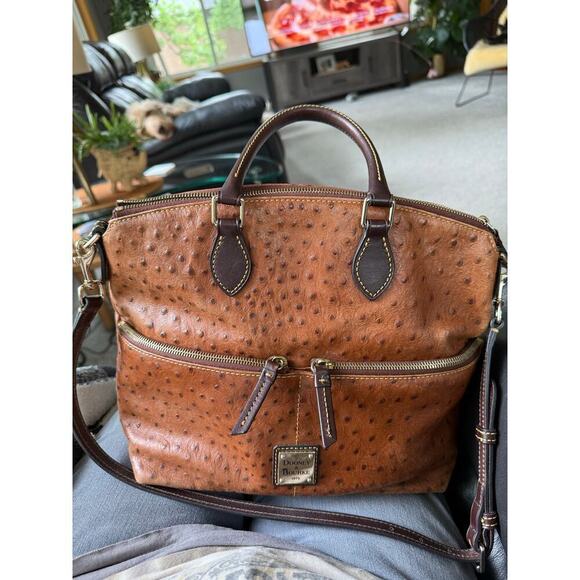 Dooney and Bourke ostrich, leather cognac zip pocket purse crossbody - Picture 4 of 9